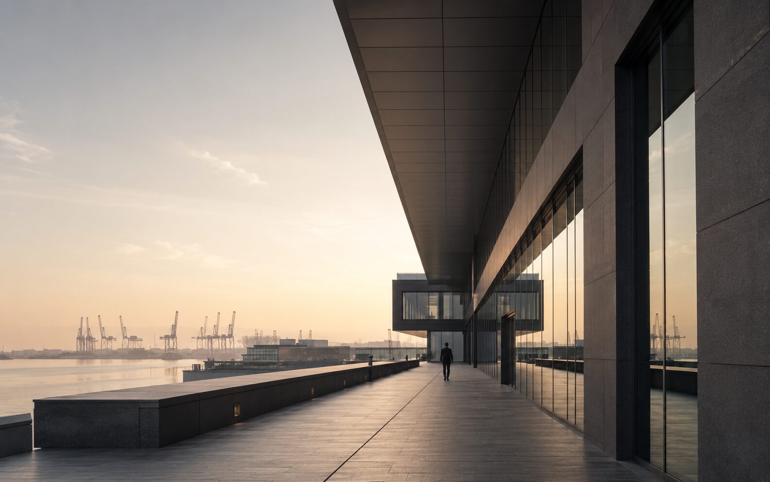 Contemporary international business architecture overlooking a European trade port